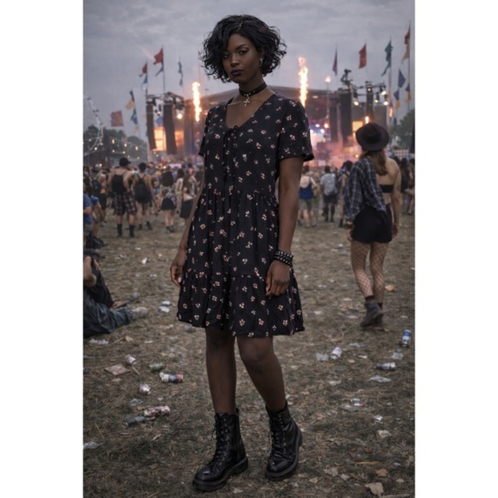 True Craft Floral‎ Mini Dress Black Boho Peasant Tie Front Women's Medium